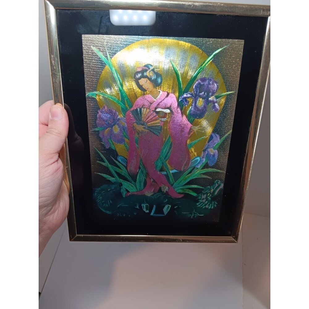 9" x 12" Framed Metallic Foil Art Japanese Geisha Dragon Print Juliette A Smith